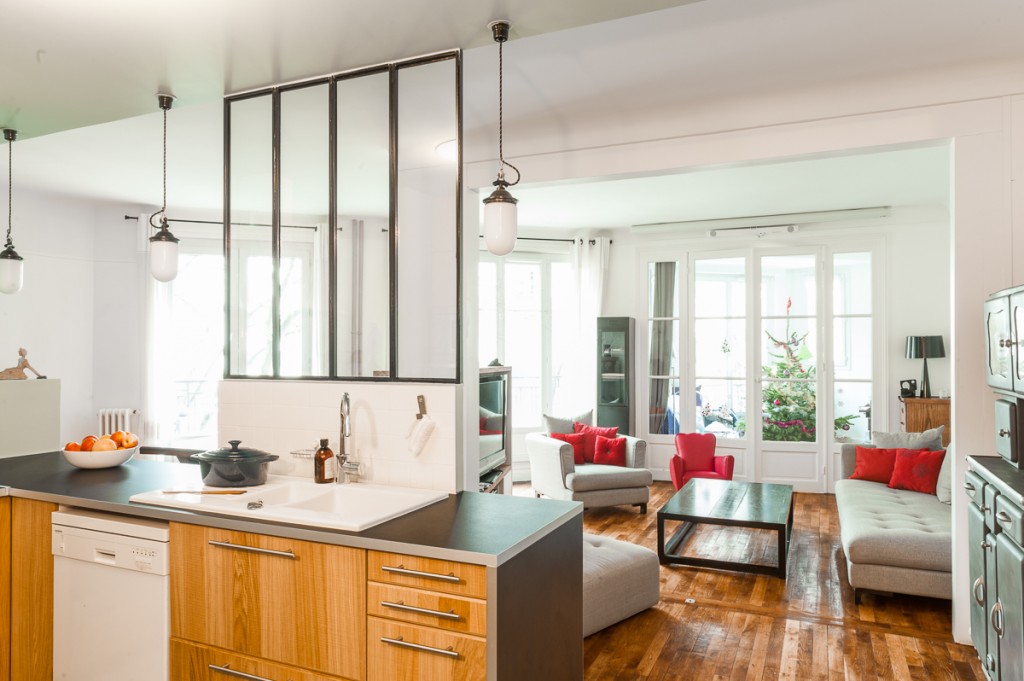cuisine, salon, rénovation, paris, maéma architectes, verrière intérieure