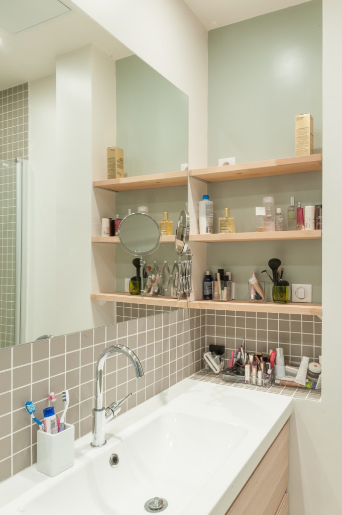 salle de bain, vasque, tablettes, rénovation, maéma architectes, paris