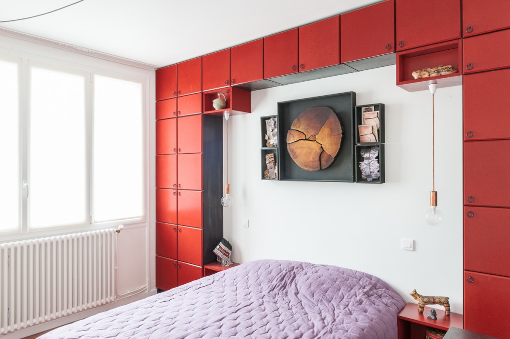 chambre, placard sur mesure, rouge, chine,, maéma architecte, décoration, rénovation