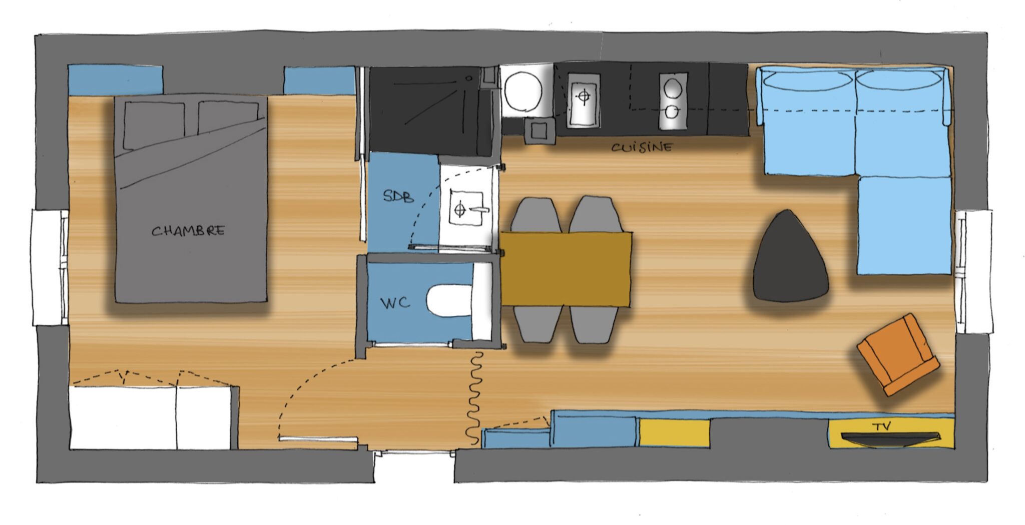 plan, studio, rénovation, traversant, cuisine, noire, mondrian, maéma architectes, paris, architecture