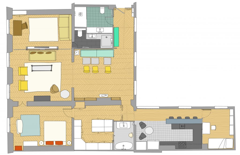 Plan, architecture, organisation spatiale, ergonomie, lumière, parquet, point de hongrie, maéma architectes, paris, travaux