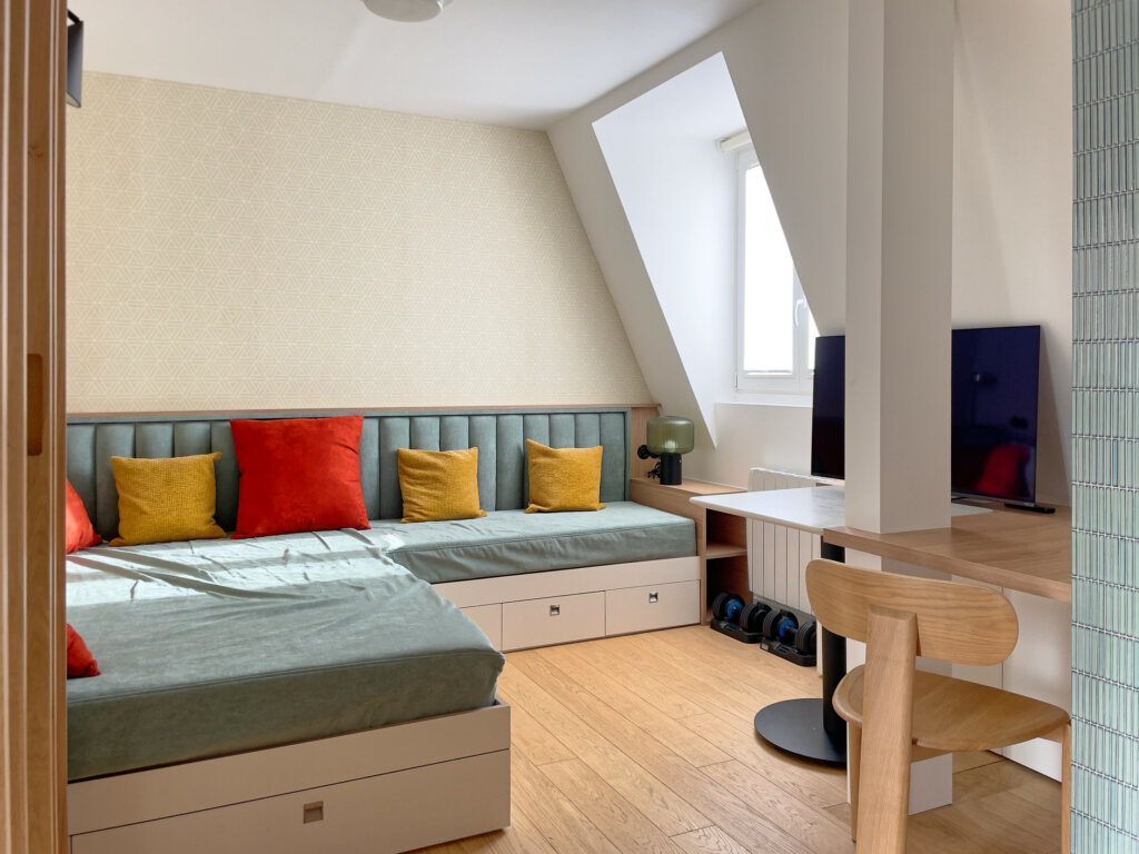 studio-banquette lit-sur mesure-couleur-pergolese